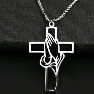 Silver Cross Pendant with Praying Hands